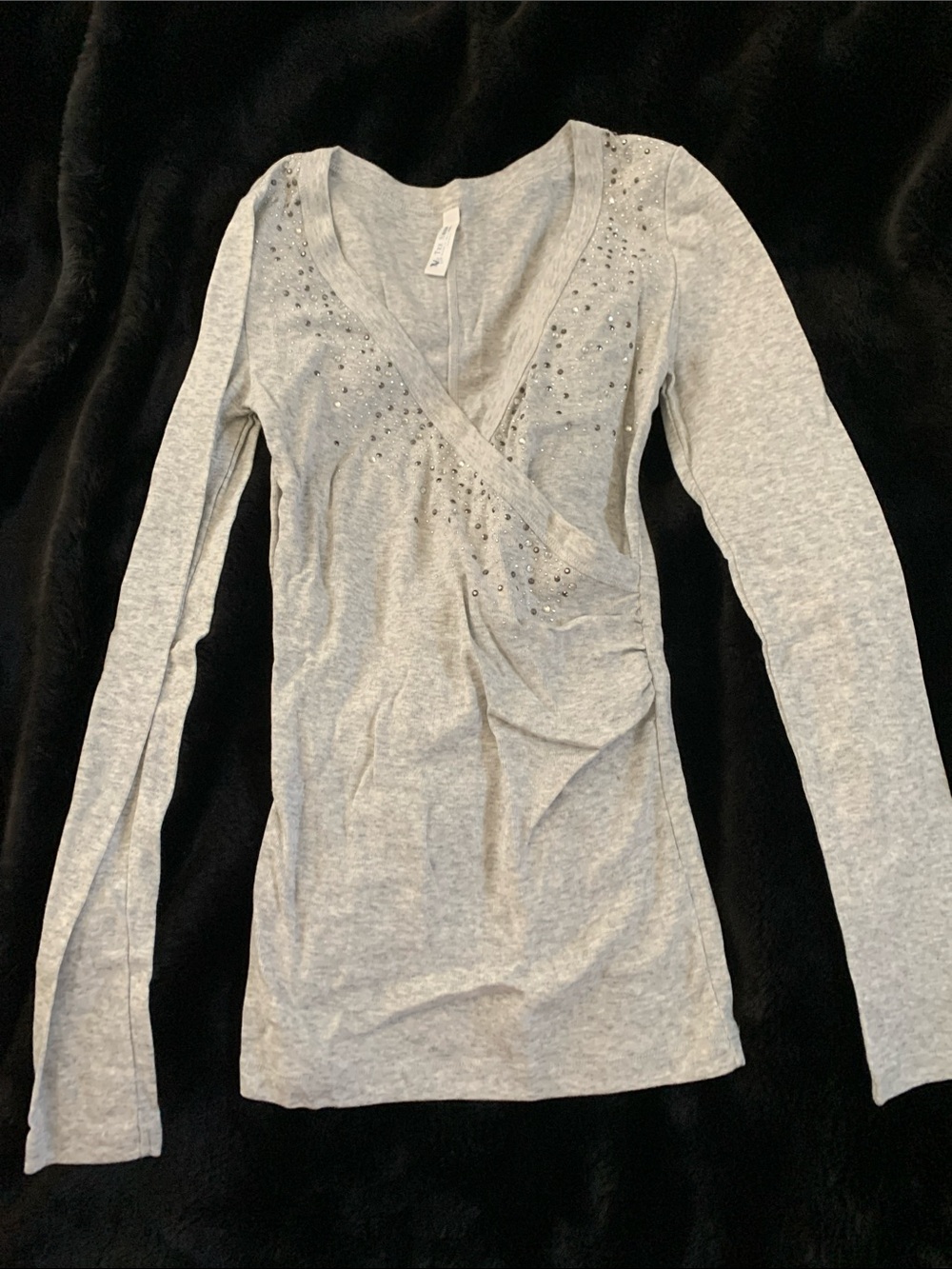 Embellished V-Neck Long Sleeve Top - Light Gray